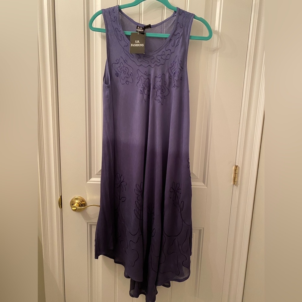 NWT S.R.Fashion one Size Blue Dress Sleeveless with Embroidery